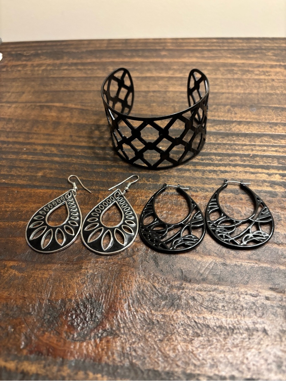 Lia Sophia Black Openwork Cuff with Two Pairs of Black Drop Earrings